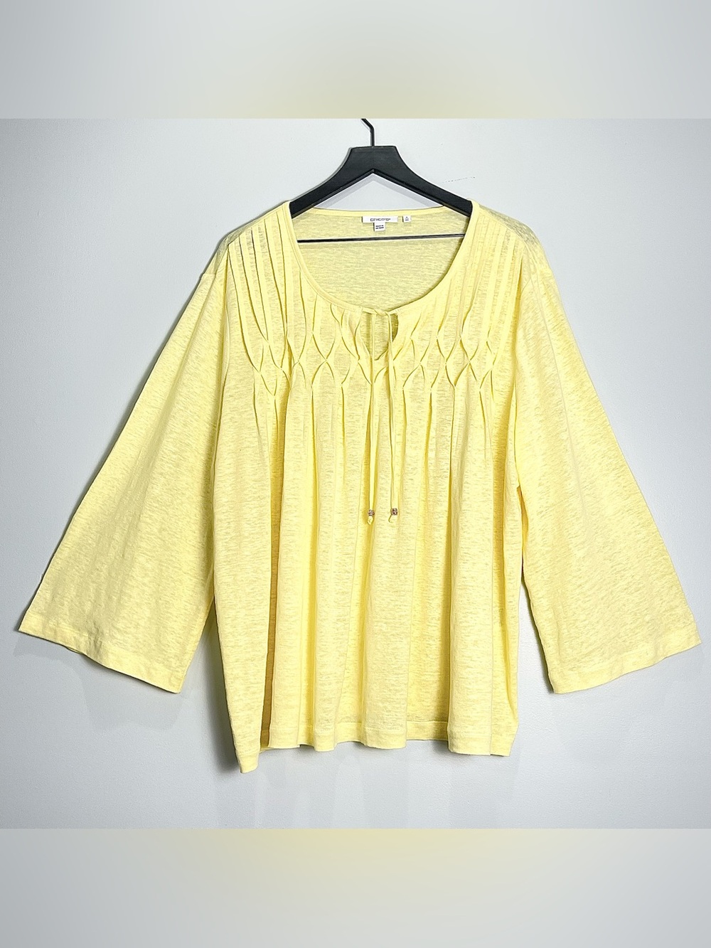 CHICOS 100% Linen Top Yellow Long Sleeve Pullover Tied V-Neck Pleated Detail XXL
